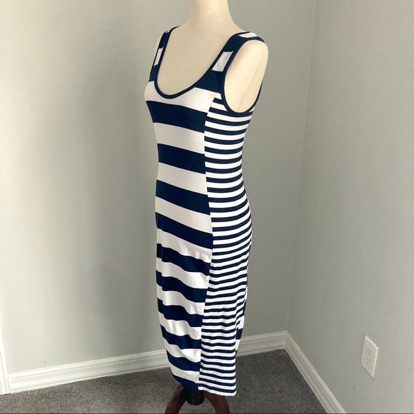 French Connection White and Navy Blue Striped Nautical Fitted Midi Dress - Picture 2 of 6